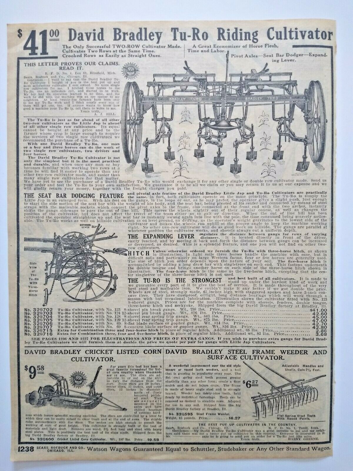 1911 Antique David Bradley Tu-Ro Cultivator Farming Sears Catalog Page Print Ad
