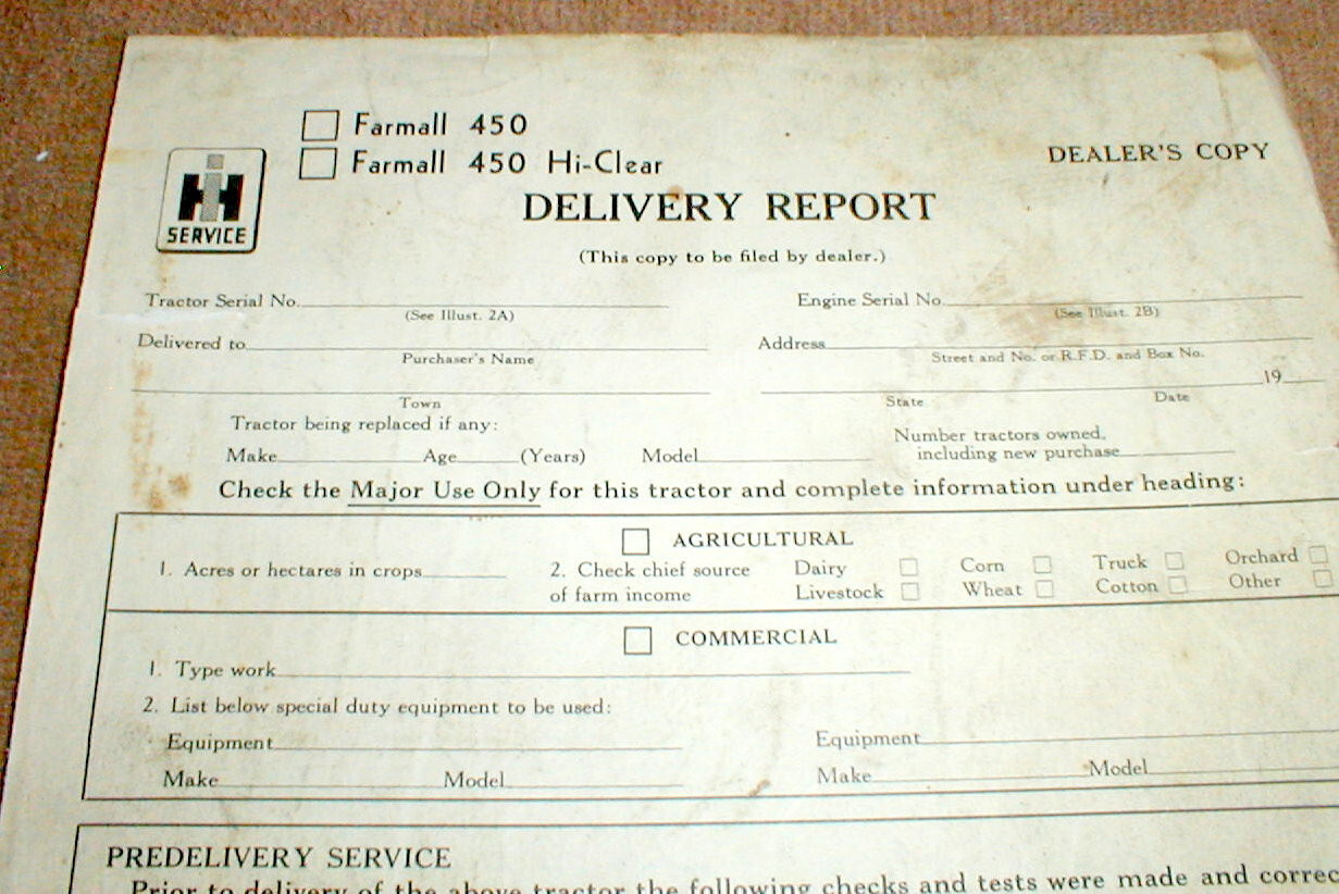 Farmall 450 + 450 Hi-Clear Tractor Blank Delivery Report Dealer&rsquo;s Copy