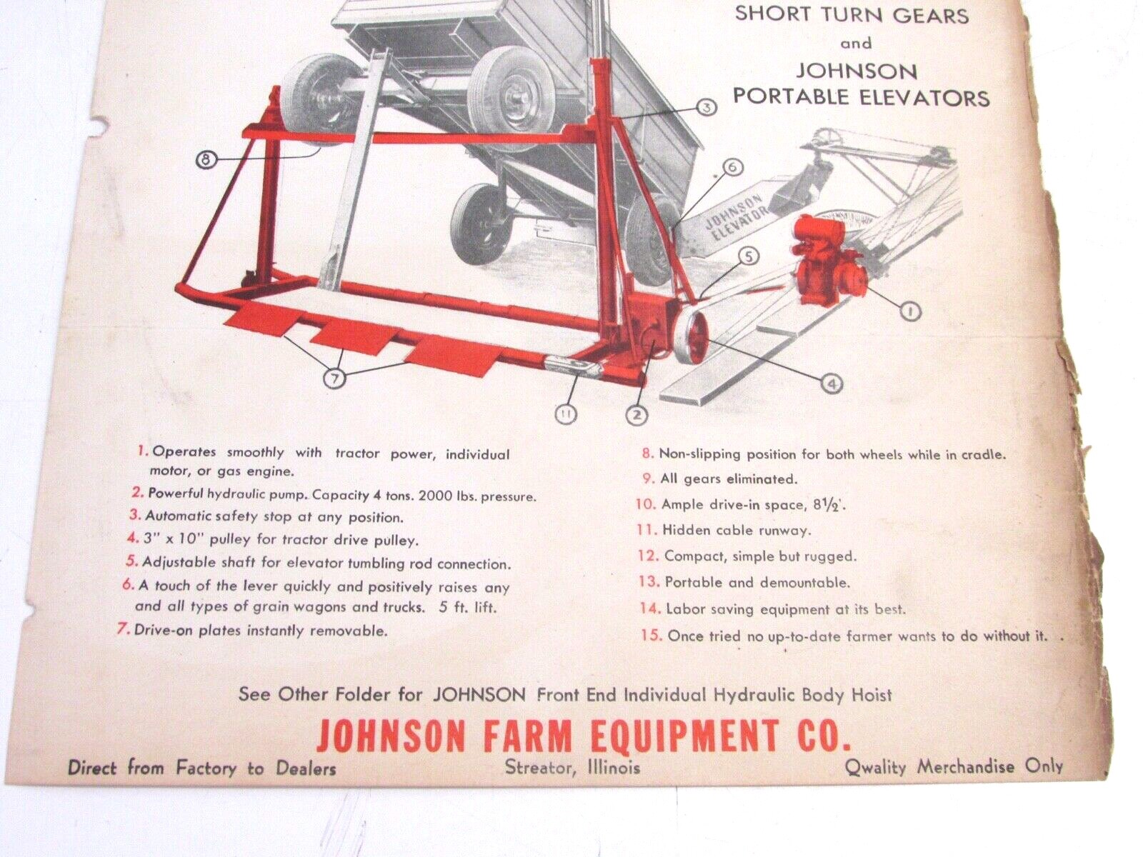 VINTAGE JOHNSON HYDRAULIC CRADLE HOIST & SPEED JACK BROCHURE FOR WAGON
