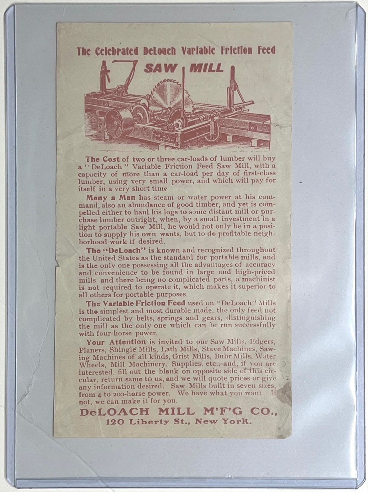 1900 DELOACH VARIABLE FRICTION FEED SAW MILL NEW YORK ADVERTISING CIRCULAR
