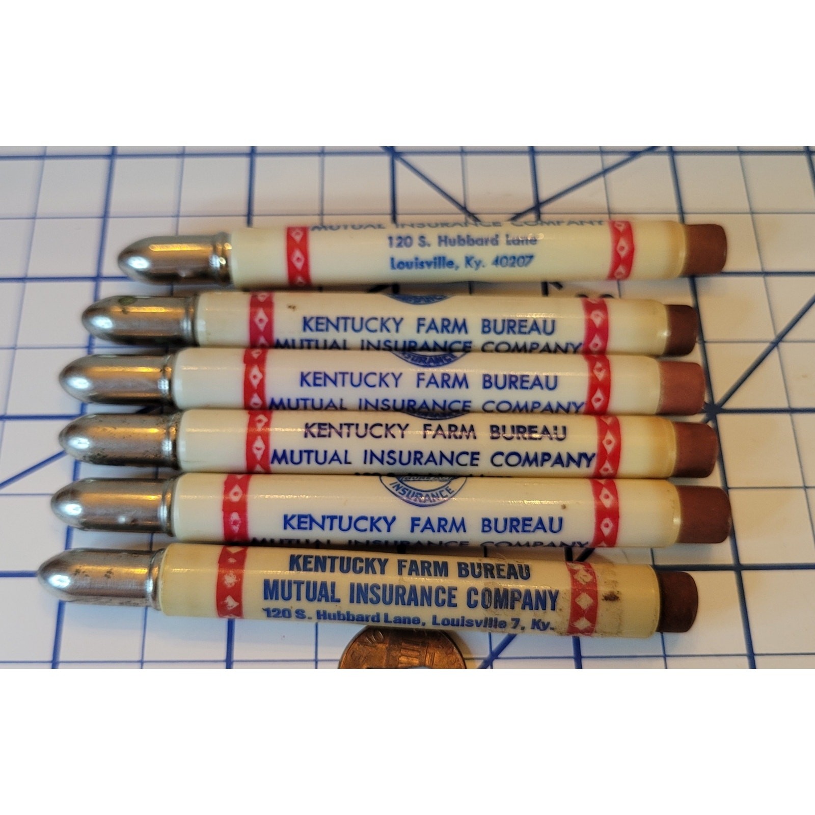 6 Vintage Advertising Bullet Pencils, Kentucky Farm Bureau Mutual Insurance Co