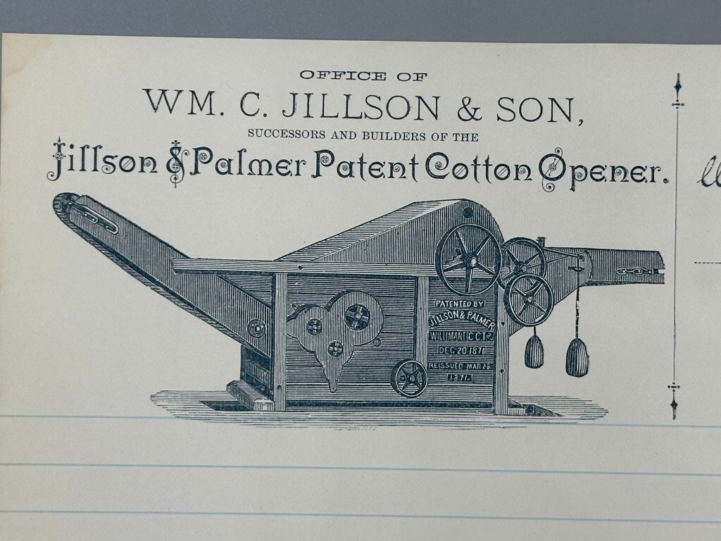 1880s Jillson & Palmer Patent COTTON GIN Opener FARM Advertising WILIMANTIC CT