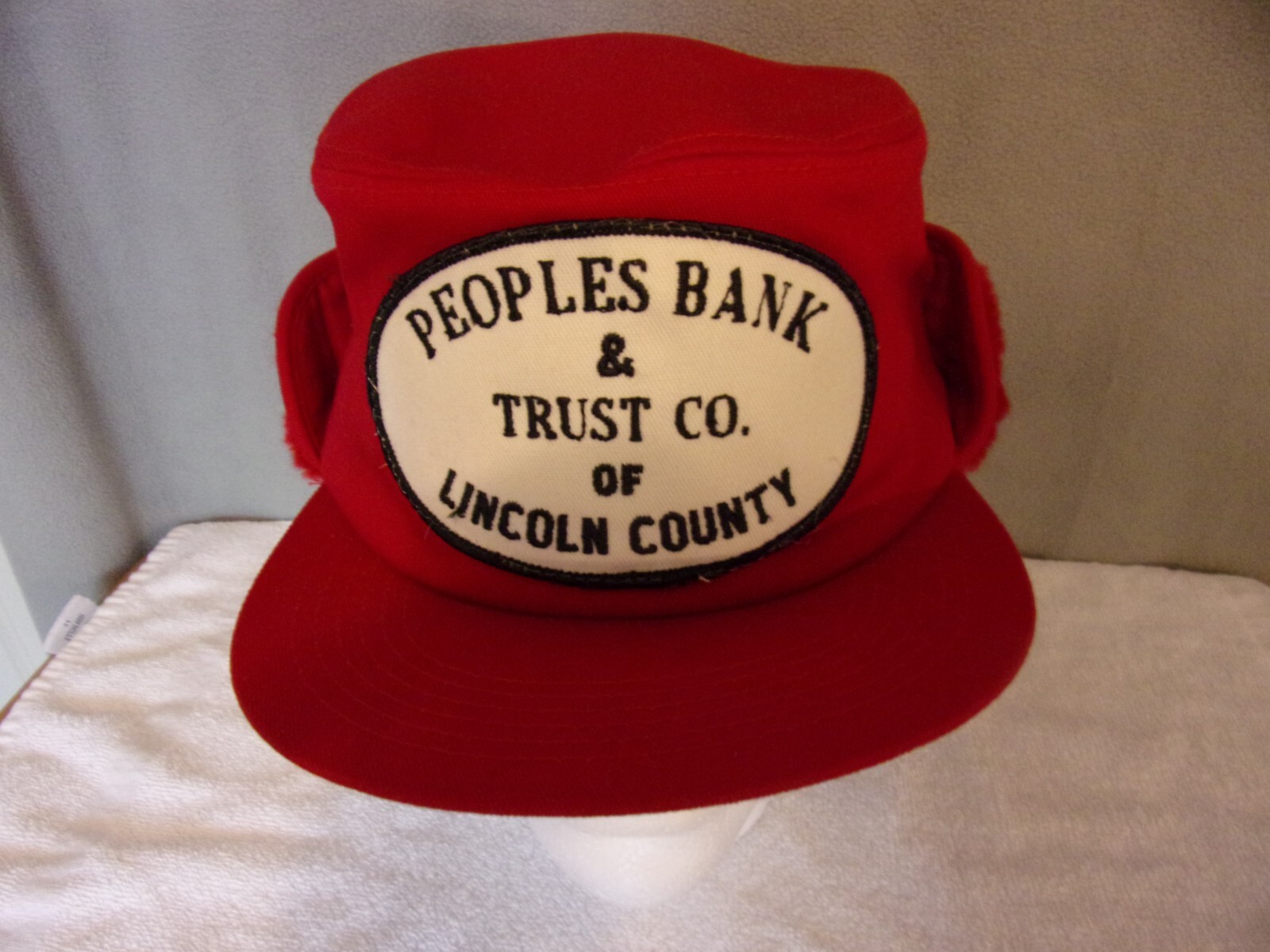 VTG ~ « Peoples Bank & Trust » K-Brand Fuzzy Ear Flap Trucker/Farmer Cap Med-Lg
