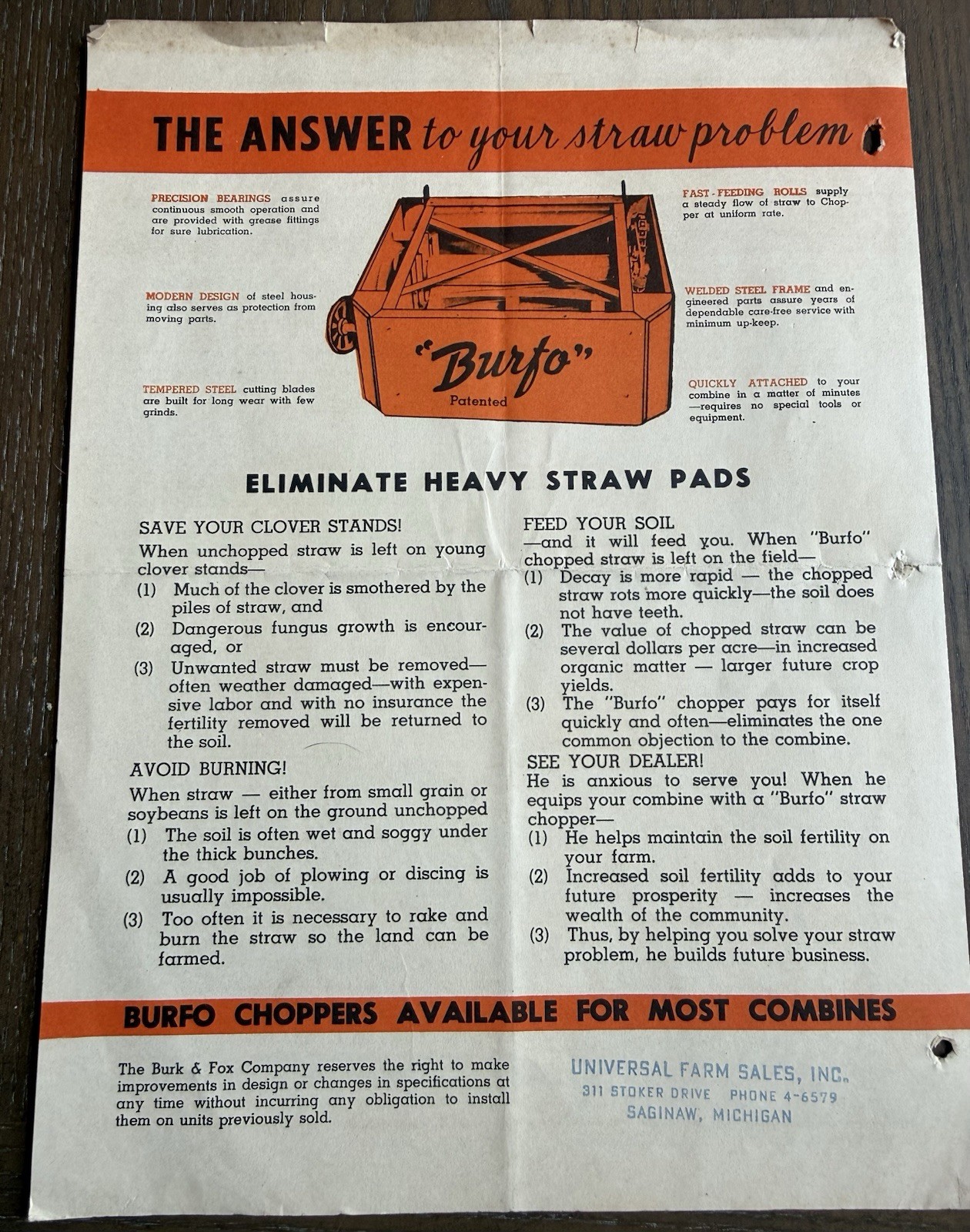Vintage Burfo Straw Chopper Farm Equipment Brochure Burk & Fox Co Ohio