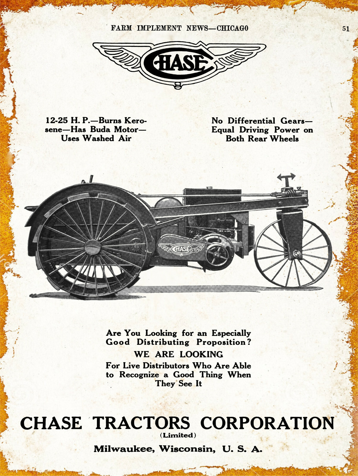1920 Chase Tractors Corp. New Metal Sign: 12-25 HP w/ Buda Motor, Milwaukee, WI