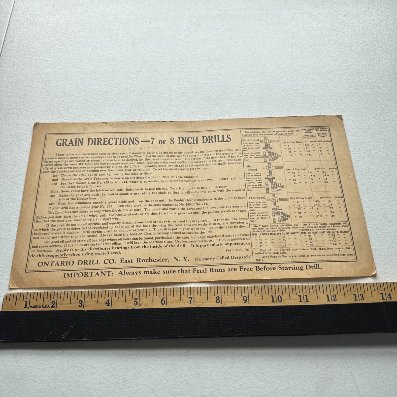 Ontario Drill Co. East Rochester, NY Application Chart 7-8 Inch Drills