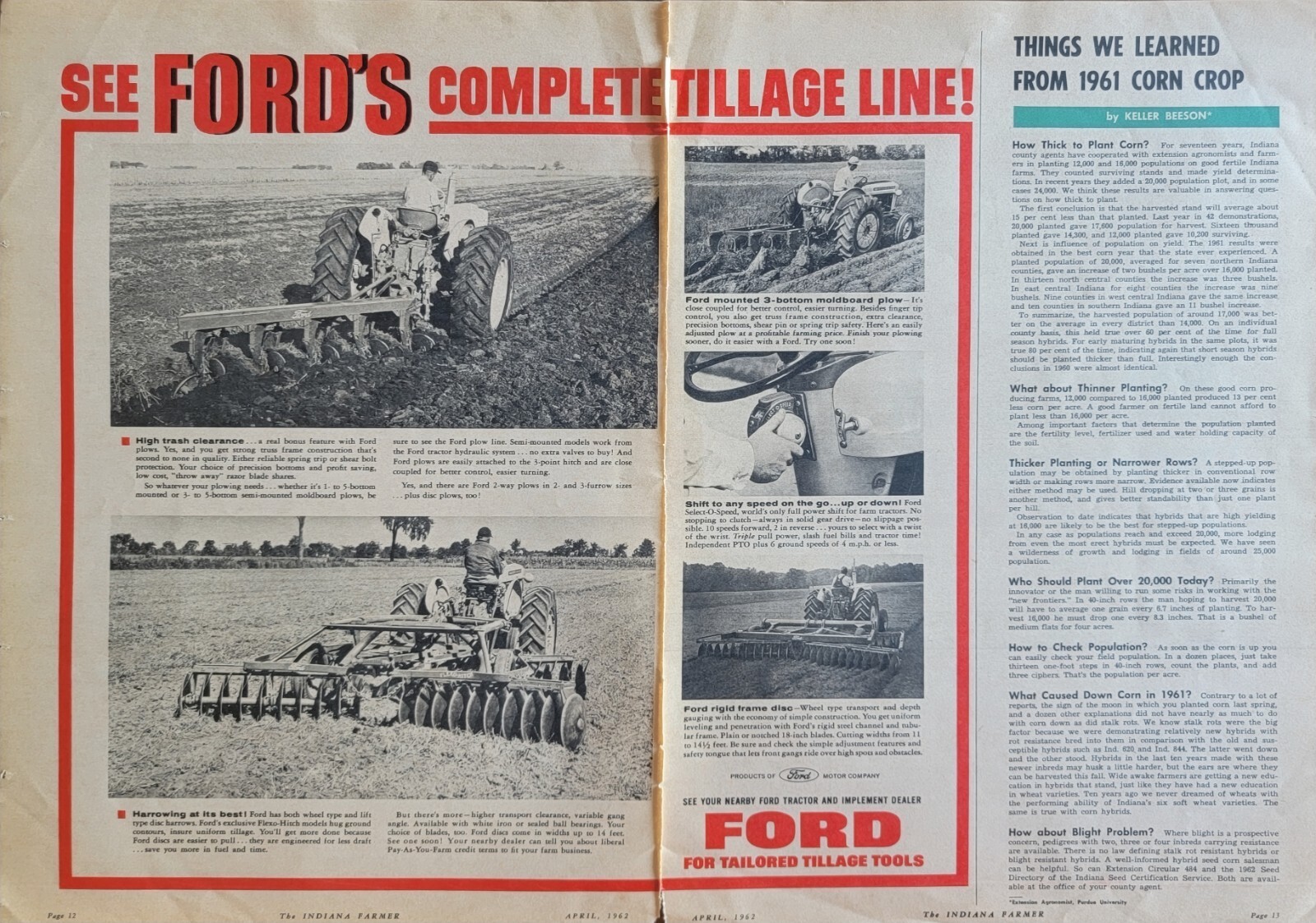 Ford Tillage Line Tractors & Plow Equipment 1962 Agricultural Magazine Ad