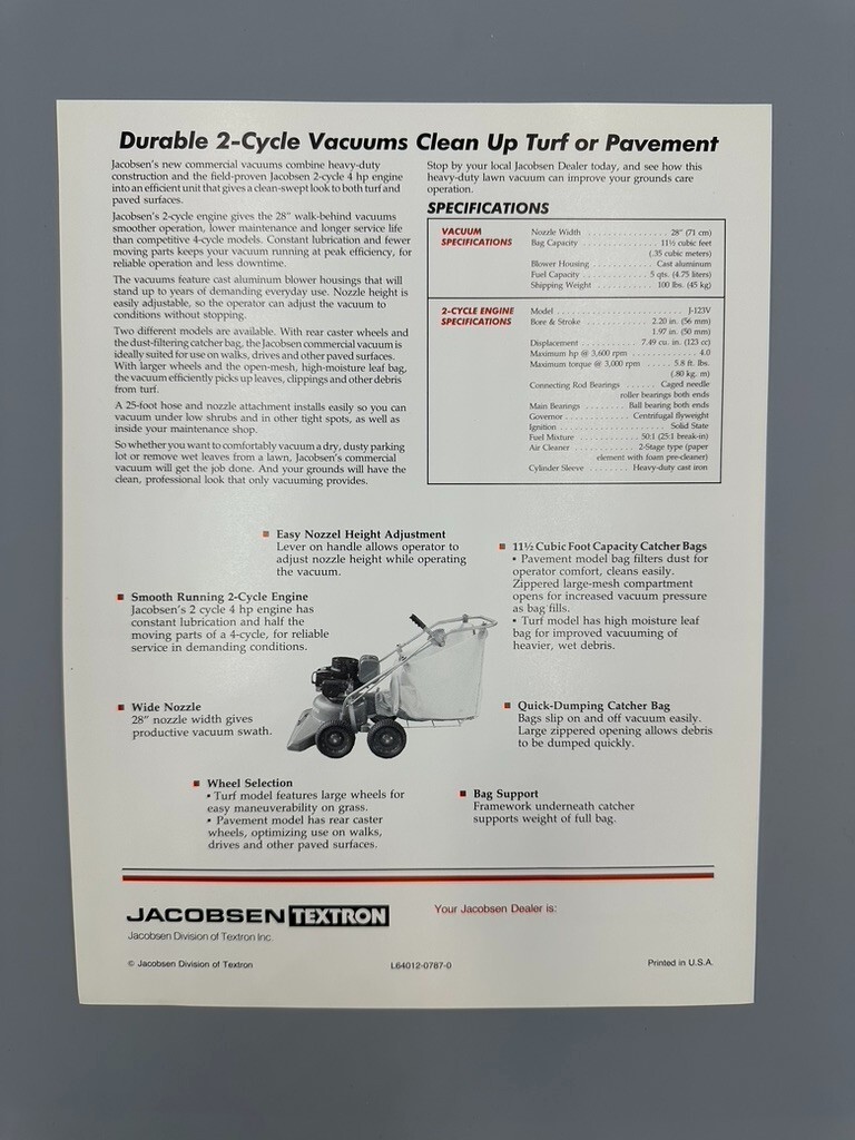 Vintage JACOBSEN Commercial TRACTOR MOWER C118 Vacuum Advertising Brochure