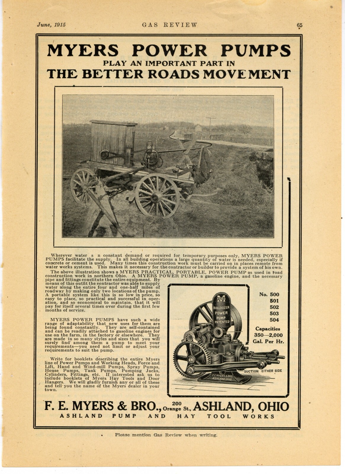 1915 F. E. Myers & Bro. Ad: Myers Power Pumps Better Roads Movement, Ashland, OH