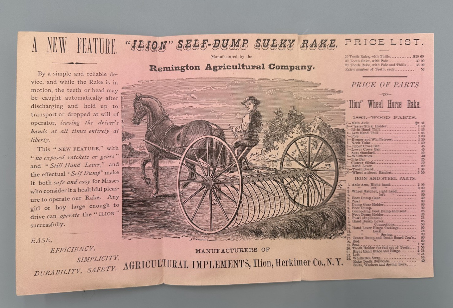 1883 REMINGTON Arms AGRICULTURAL Farm Advertising ILION Sulky Rake NY