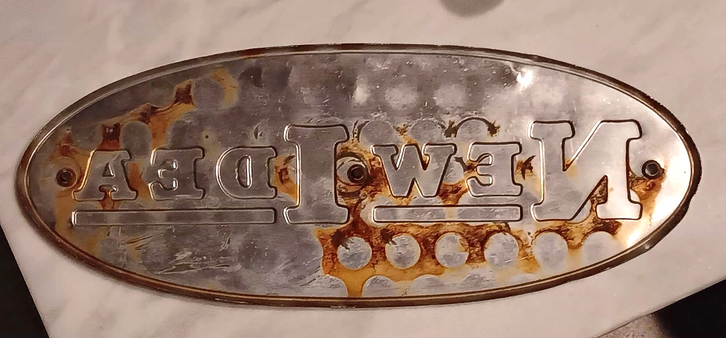 Vintage NEW IDEA Farm Equipment Tractor EMBLEM TAG aluminum COLDWATER OHIO