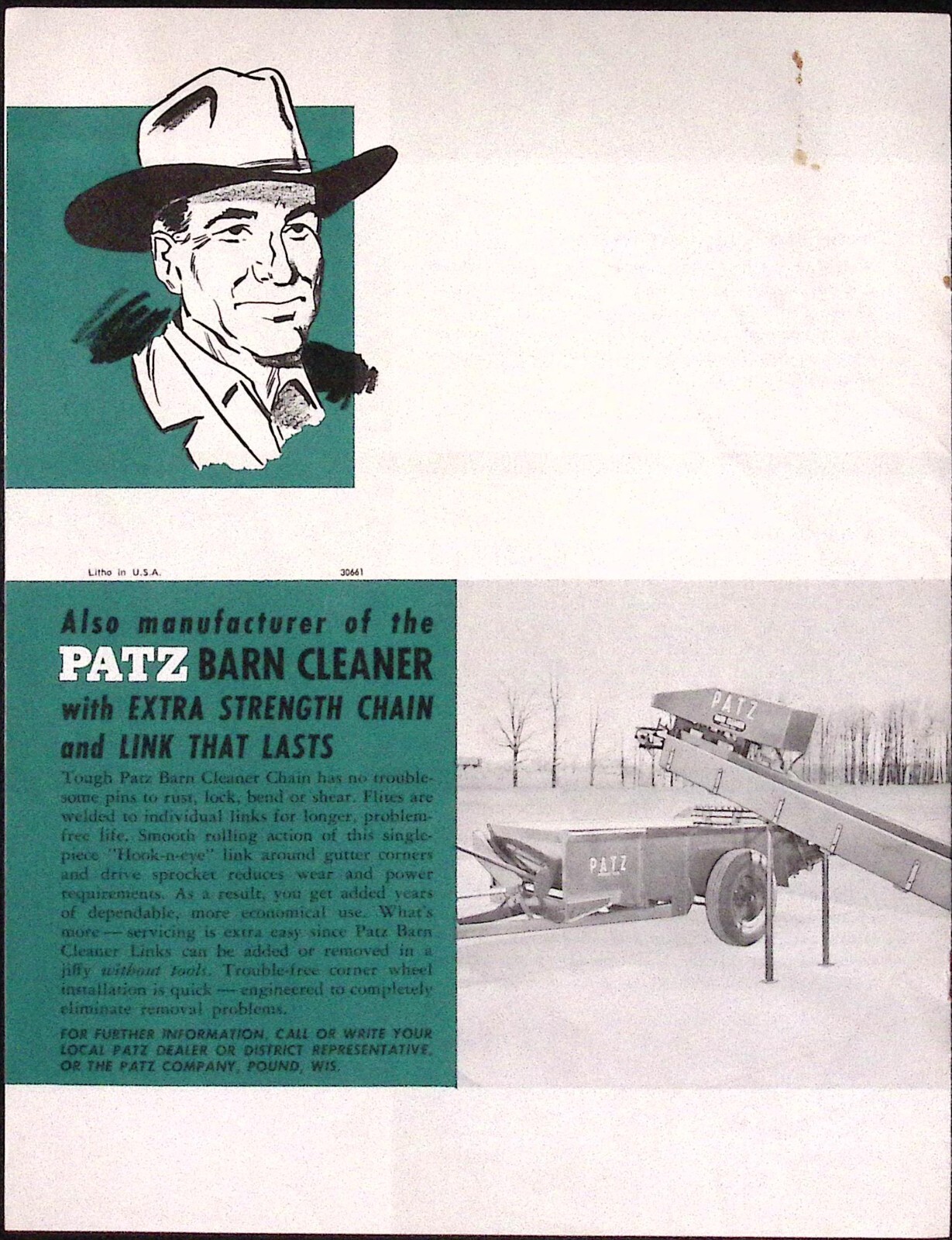 1950s Patz Silo Unloader Barn Cleaner Brochure The Patz Company Pound WI
