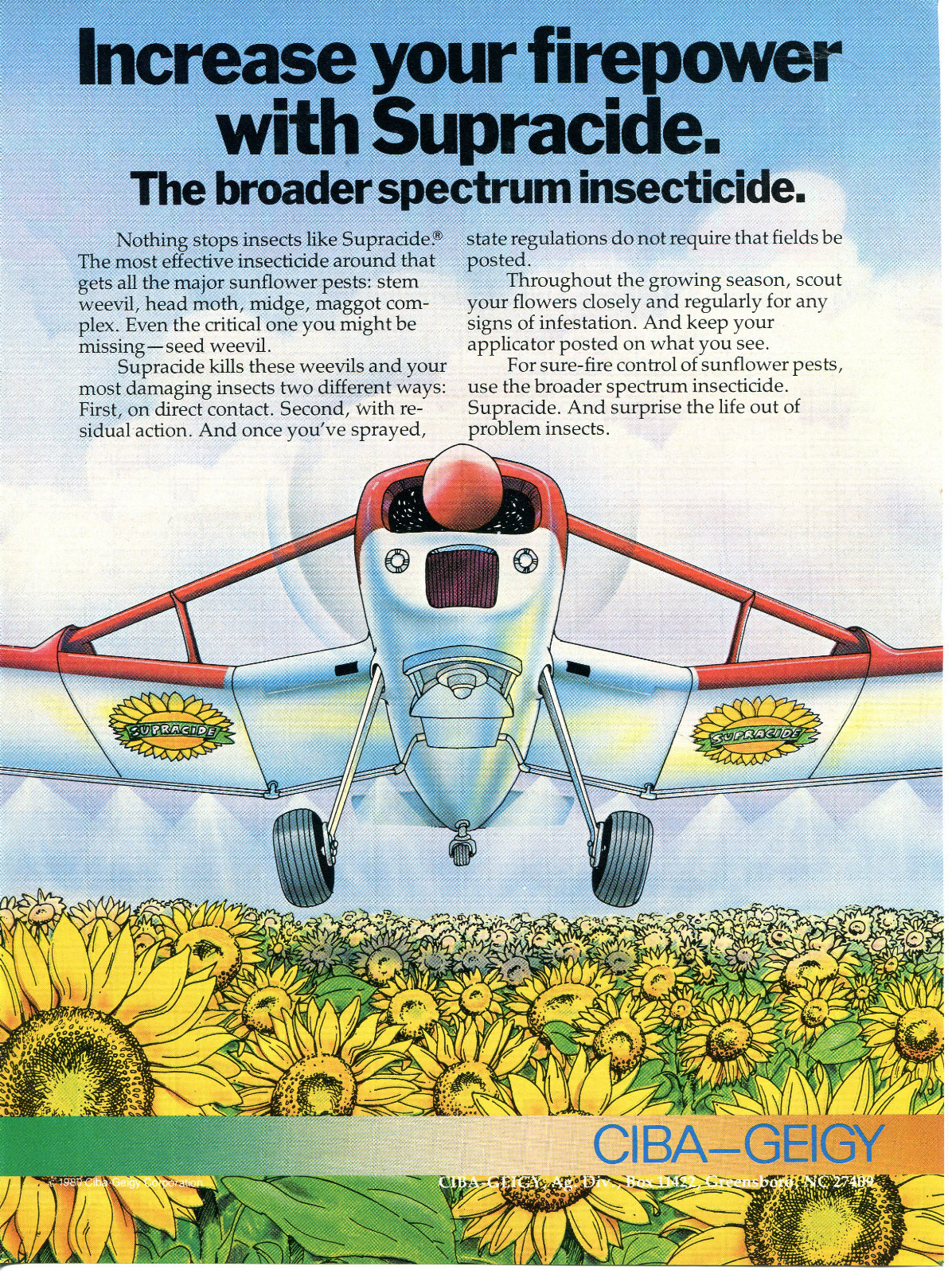1980 Print Ad of Ciba-Geigy Supracide Insecticide Sunflower Crop Duster