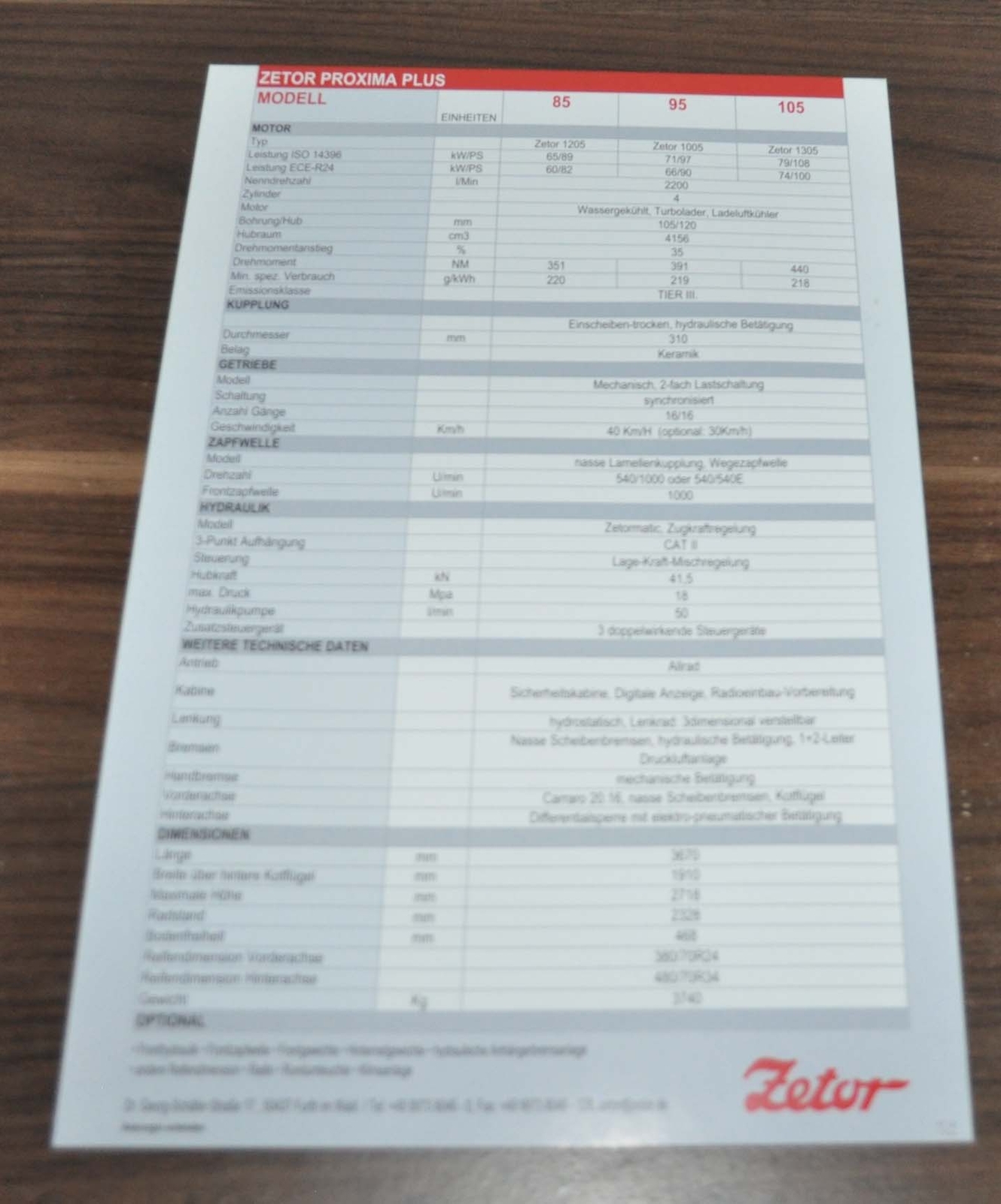 Zetor Proxima Plus 85 95 105 Tractor Specification Brochure Prospekt