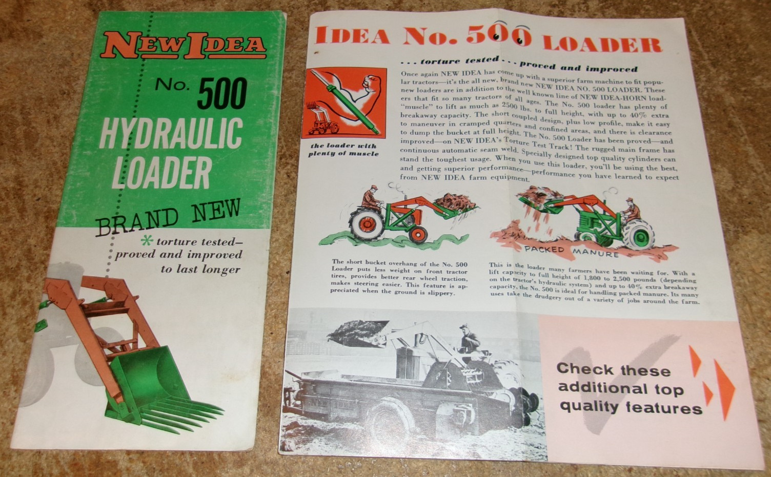 2-lot vintage new idea 500 hydraulic loader brochures in good shape used