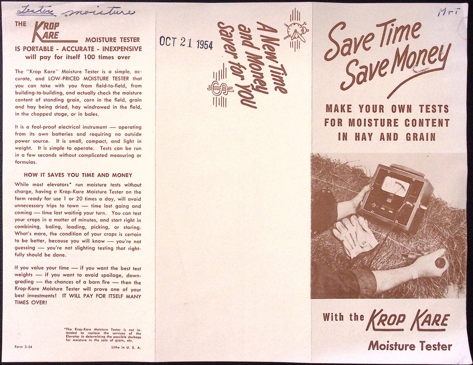 1954 Krop Kare Moisture Tester Hay & Grain Brochure JR Mayner & Co Mansfield OH