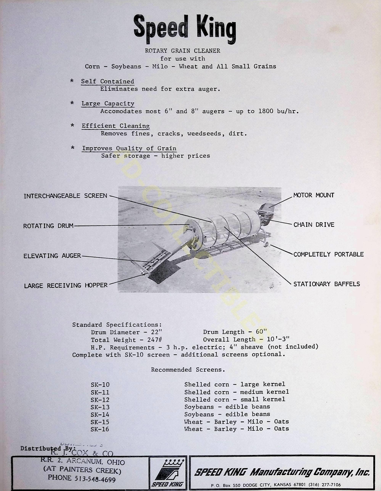 Vintage Farm Brochure Spec Sheet Speed King rotary grain cleaner