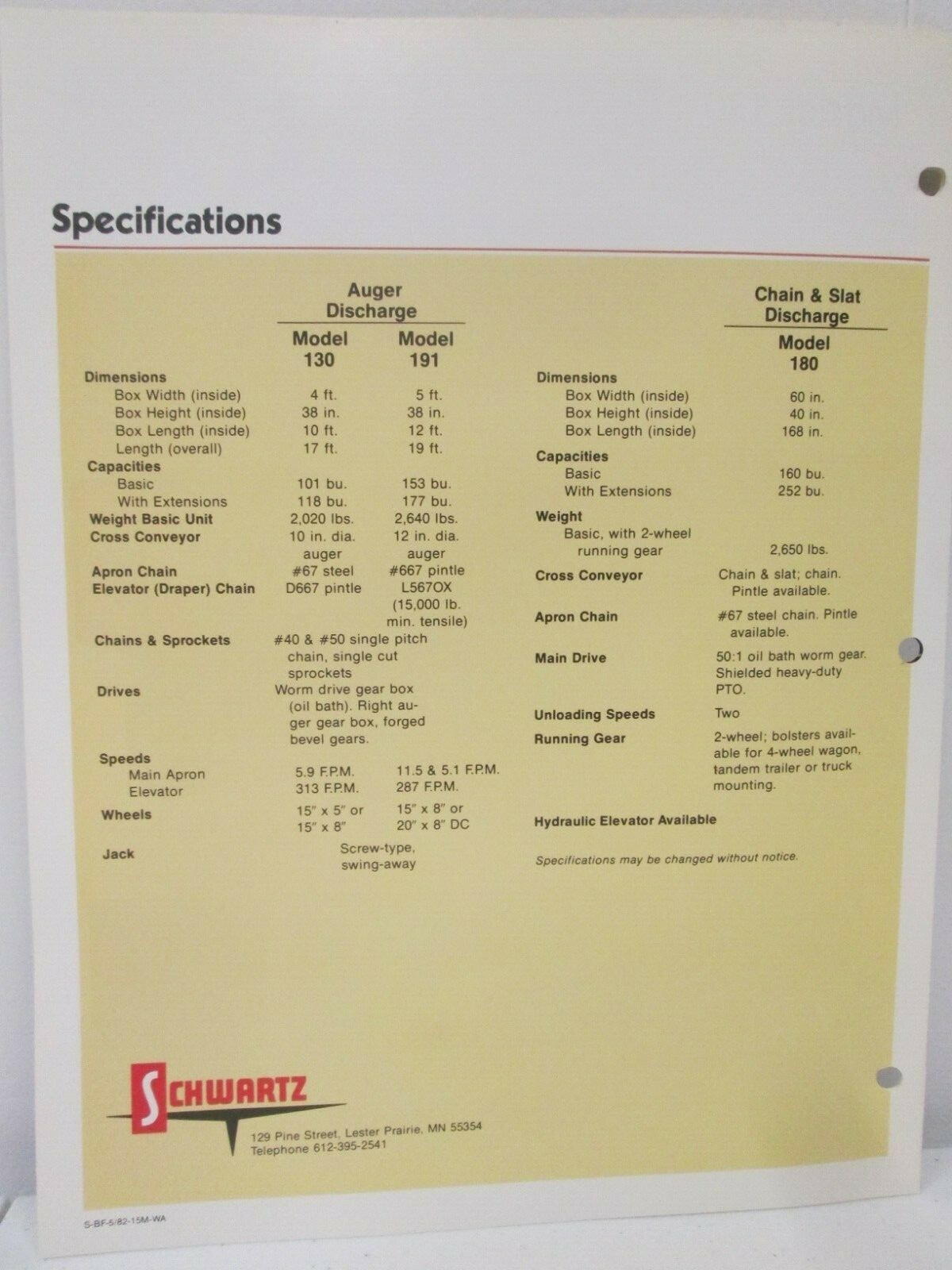 Schwartz Bunk Feeders 180 130 191 Auger Sales Brochure Specifications