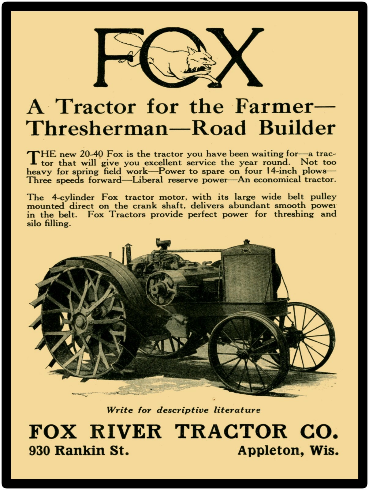 Fox Tractor Company, 1921 Repro Metal Sign: Model 20-40 Large Size: 12 x 16&Prime;