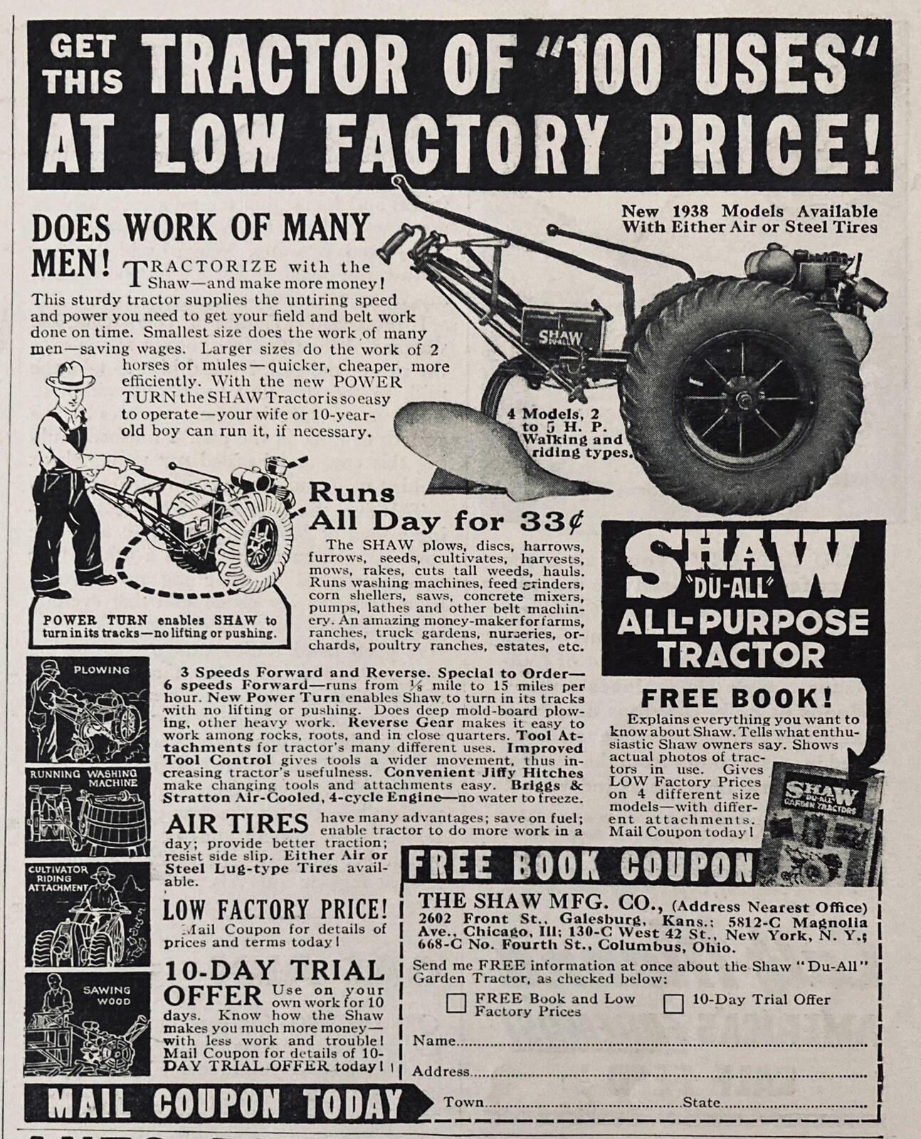 1938 AD.(XH69)~SHAW MFG. CO. GALESBURG, KS. SHAW “DU-ALL” ALL-PURPOSE TRACTOR