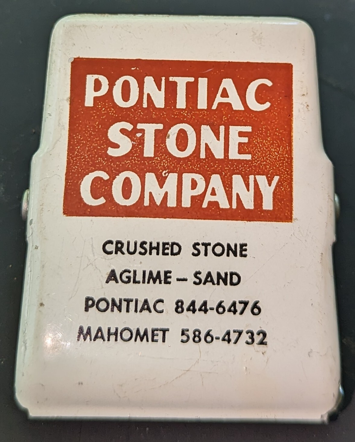 Vintage Pontiac Stone Company Advertising Metal Clip, Refrigerator Paper Clip