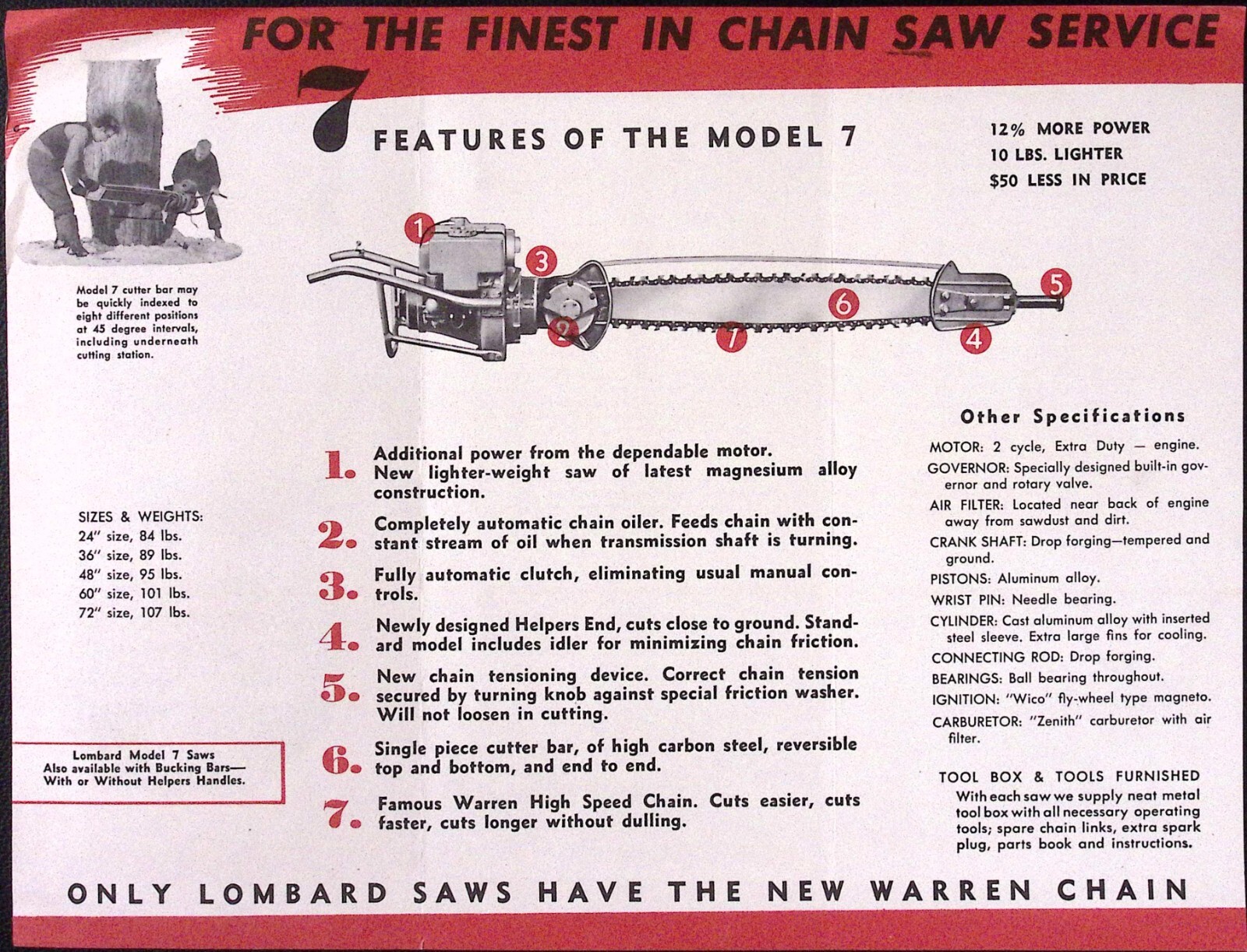 1952 Lombard Model 7 Master 2 Man Saw Warren High Speed Chain Brochure