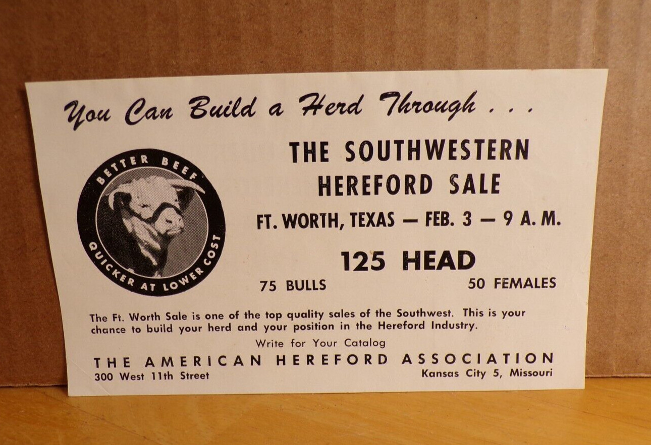 1950s The Southwestern Hereford Sale Ft Worth Texas Free Catalog Kansas City MO