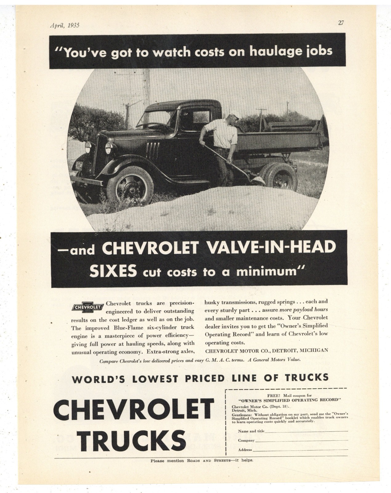 1935 Ads F&B of PG: Chevrolet Truck & Toro Roadmaster Highway Mowing Tractor