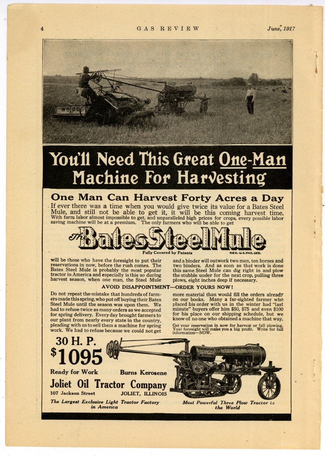 1917 Bates Steel Mule Crawler Tractor Ad: Joliet Oil Tractor Co Joliet, Illinois
