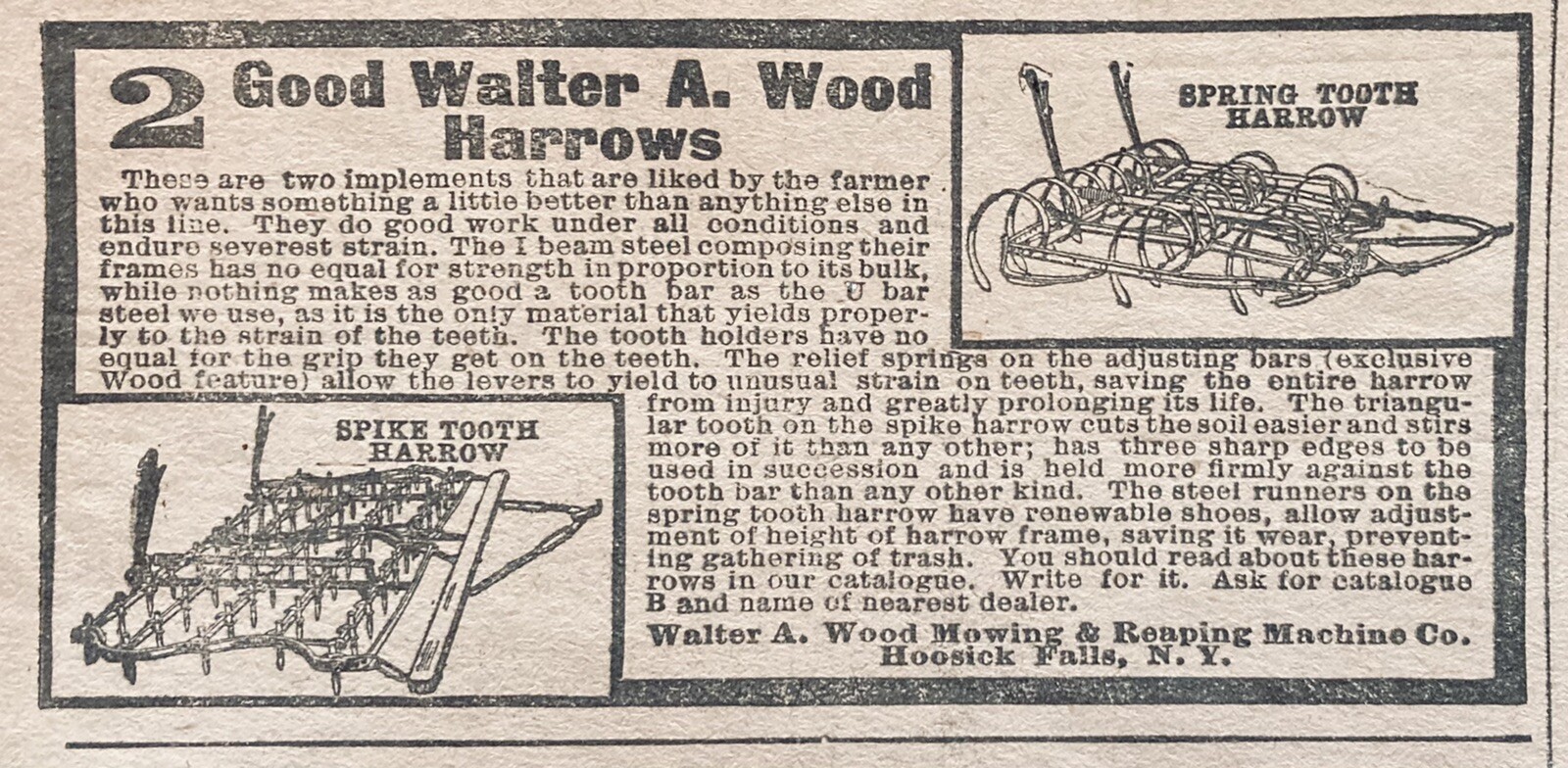 1908 AD.(XH10)~WALTER A. WOOD REAPING MACHINE CO. HOOSICK FALLS, NY. HARROWS