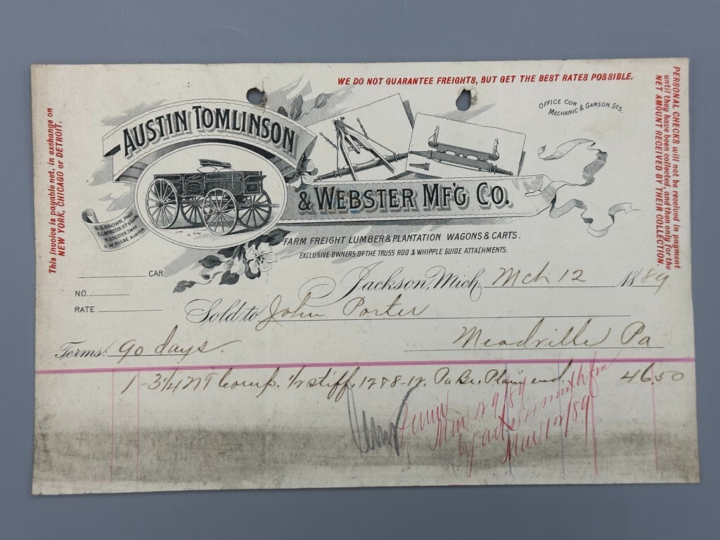 1889 AUSTIN TOMLINSON WEBSTER Antique FARM WAGON Advertising Billhead JACKSON MI