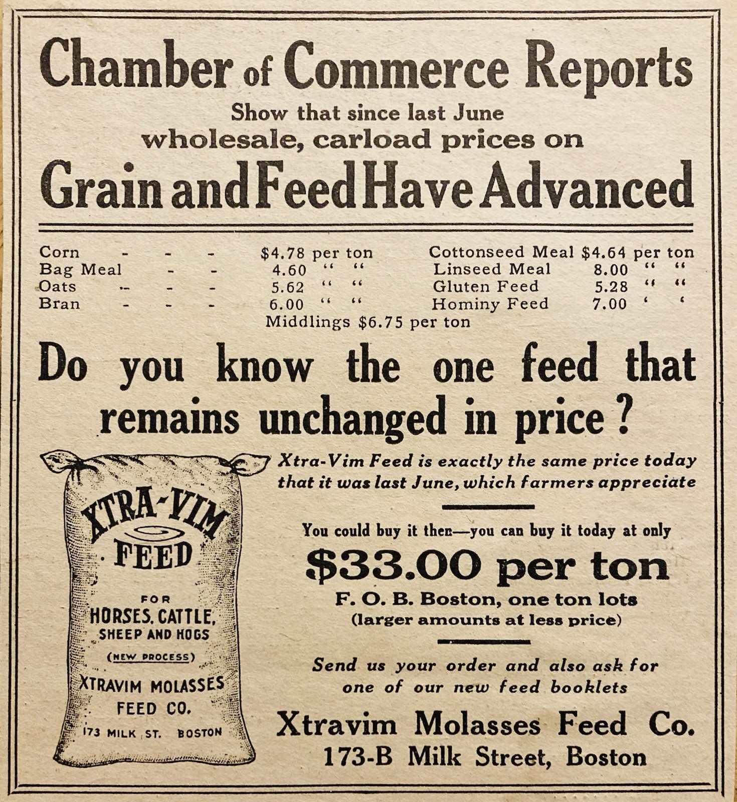 1918 AD.(XH85)~XTRAVIM MOLASSES FEED CO. MILK ST. BOSTON. HORSE, CATTLE FEED