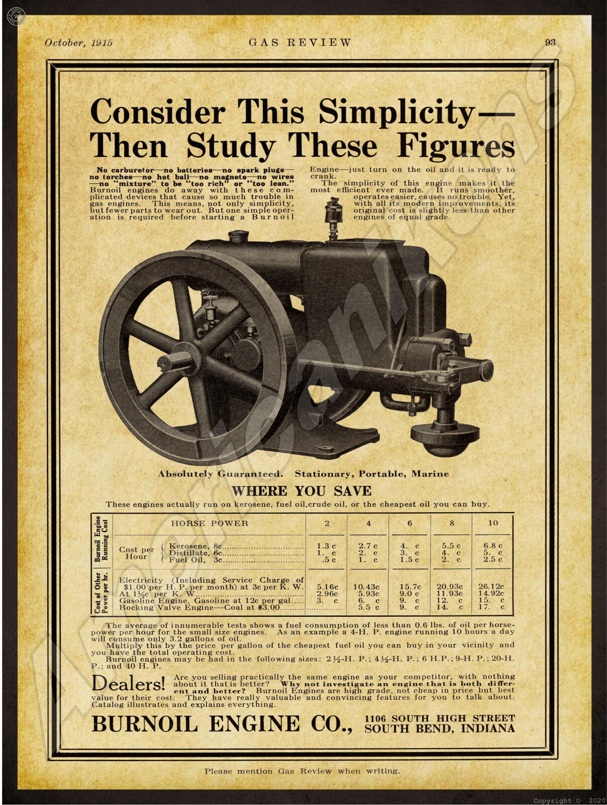 1915 Burnoil Gas Engine Company New Metal Sign: South Bend, Indiana