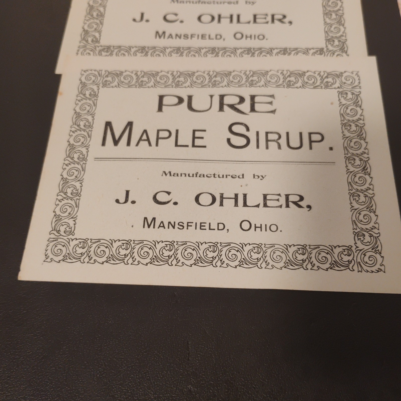 J.C. Ohler, Pure Maple Sirup Advertising Label Mansfield, Ohio Ephemera