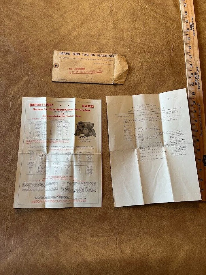 Hart Scourkleen Model 1289 Grain Tank Packing List Attaching Directions Tag 1945
