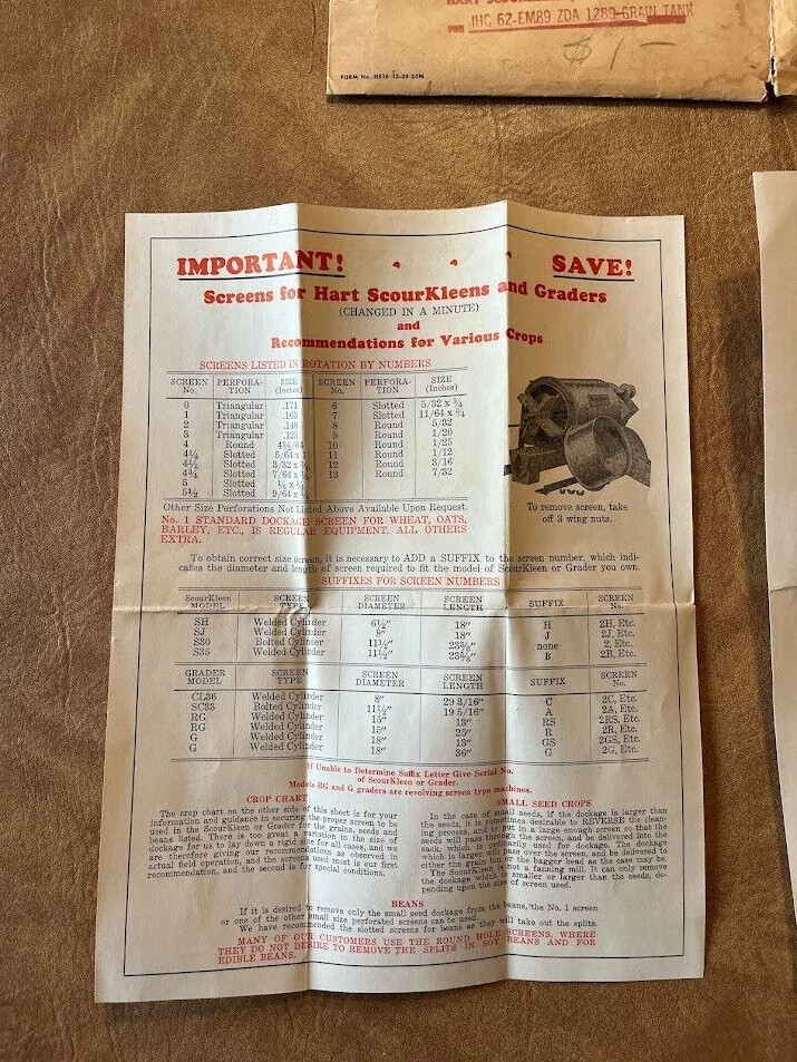 Hart Scourkleen Model 1289 Grain Tank Packing List Attaching Directions Tag 1945
