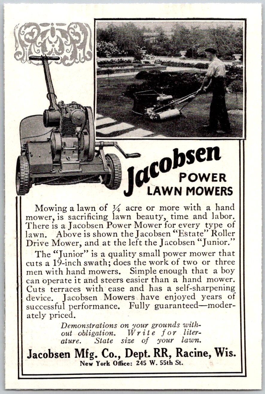 PRINT AD 1928 Jacobsen Power Lawn Mowers Racine Wisconsin SMALL 3 x 4