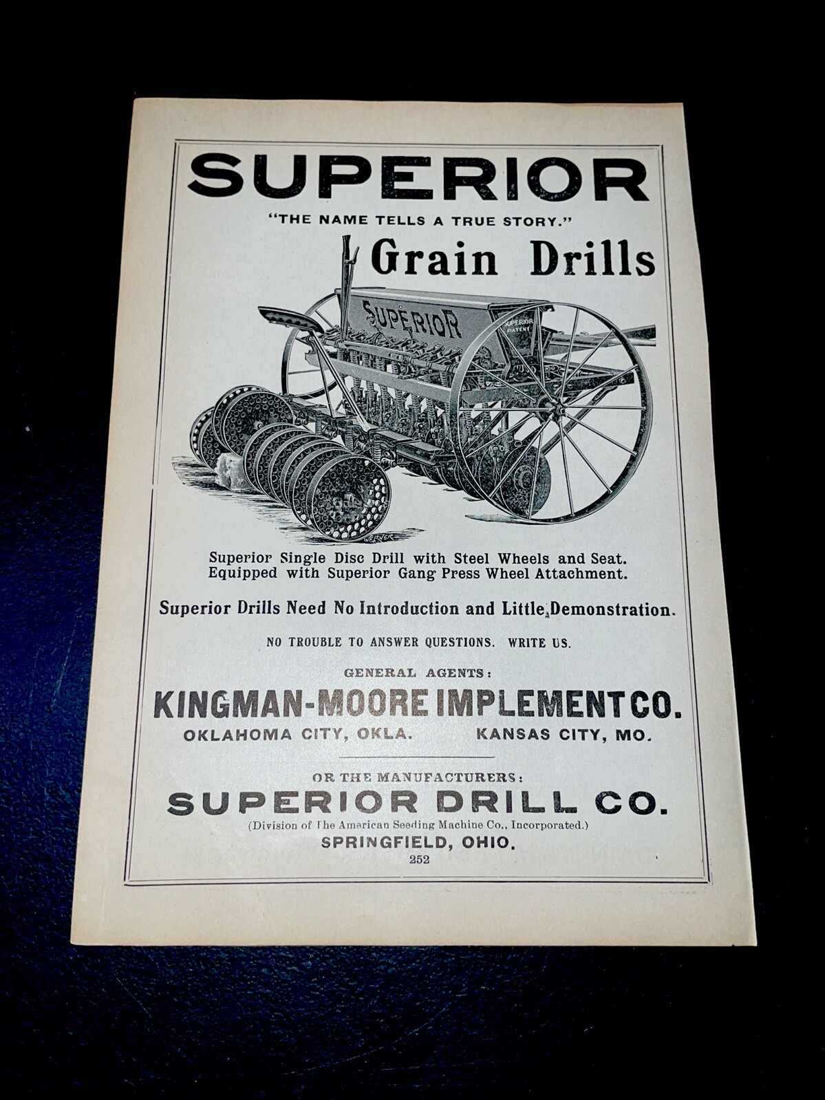 ORIGINAL 1907 Superior Drill Farm Implement Advertising – Springfield, OH