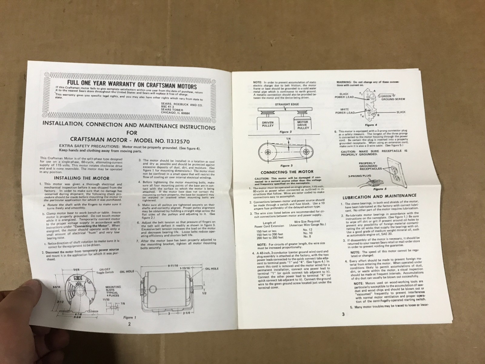 Vintage Sears Model 113.12570 Craftsman 1/3 HP Split-Phase AC Motor Manual