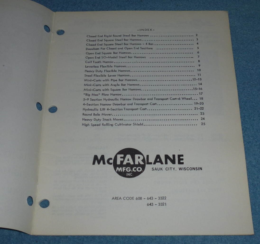 1982 McFarlane Mfg Co Sauk City WI Catalog Harrows Drawbars Transport Carts etc