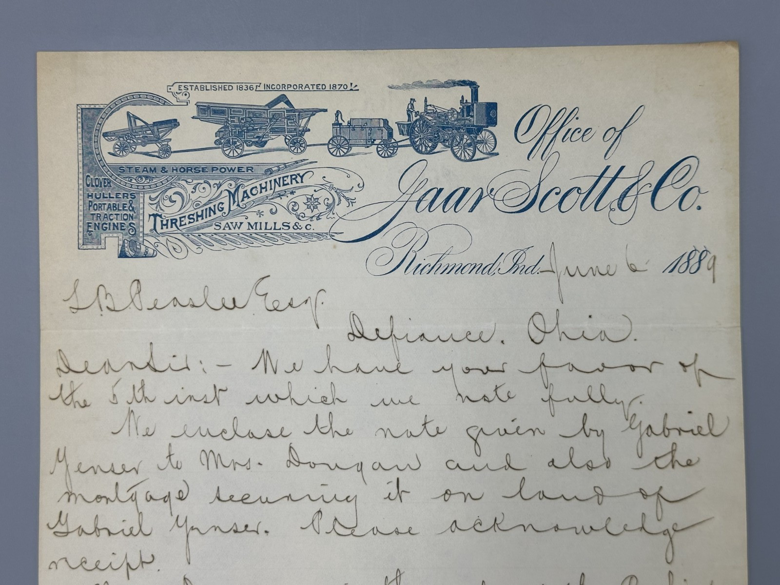 1889 GAAR SCOTT Saw Mills THRESHING MACHINES Letter FARM Advertising RICHMOND IN