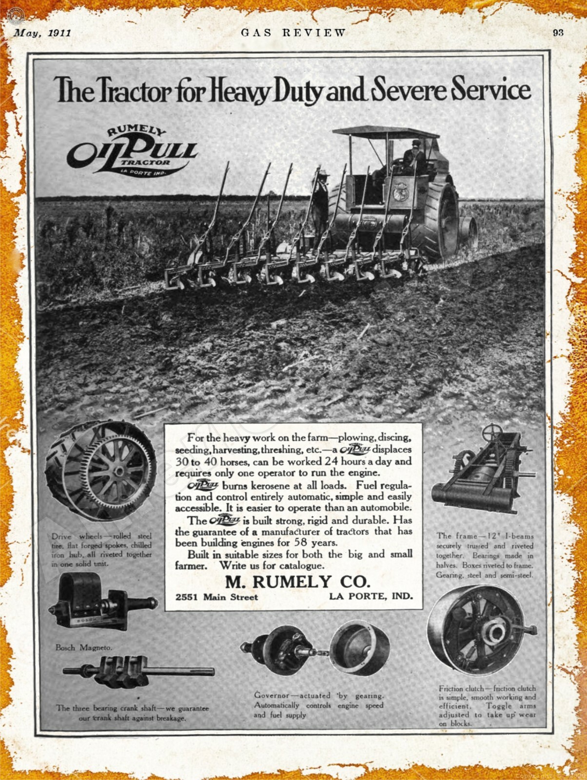 1911 Rumely Kerosene Oil Pull Tractor New Metal Sign: La Porte, Indiana