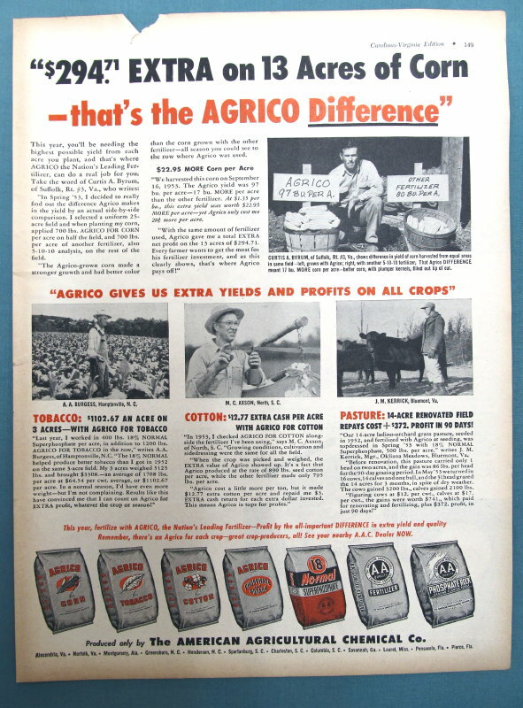 Original 1954 Fertilizer Ad Features Curtis Byrum of Suffolk Virginia
