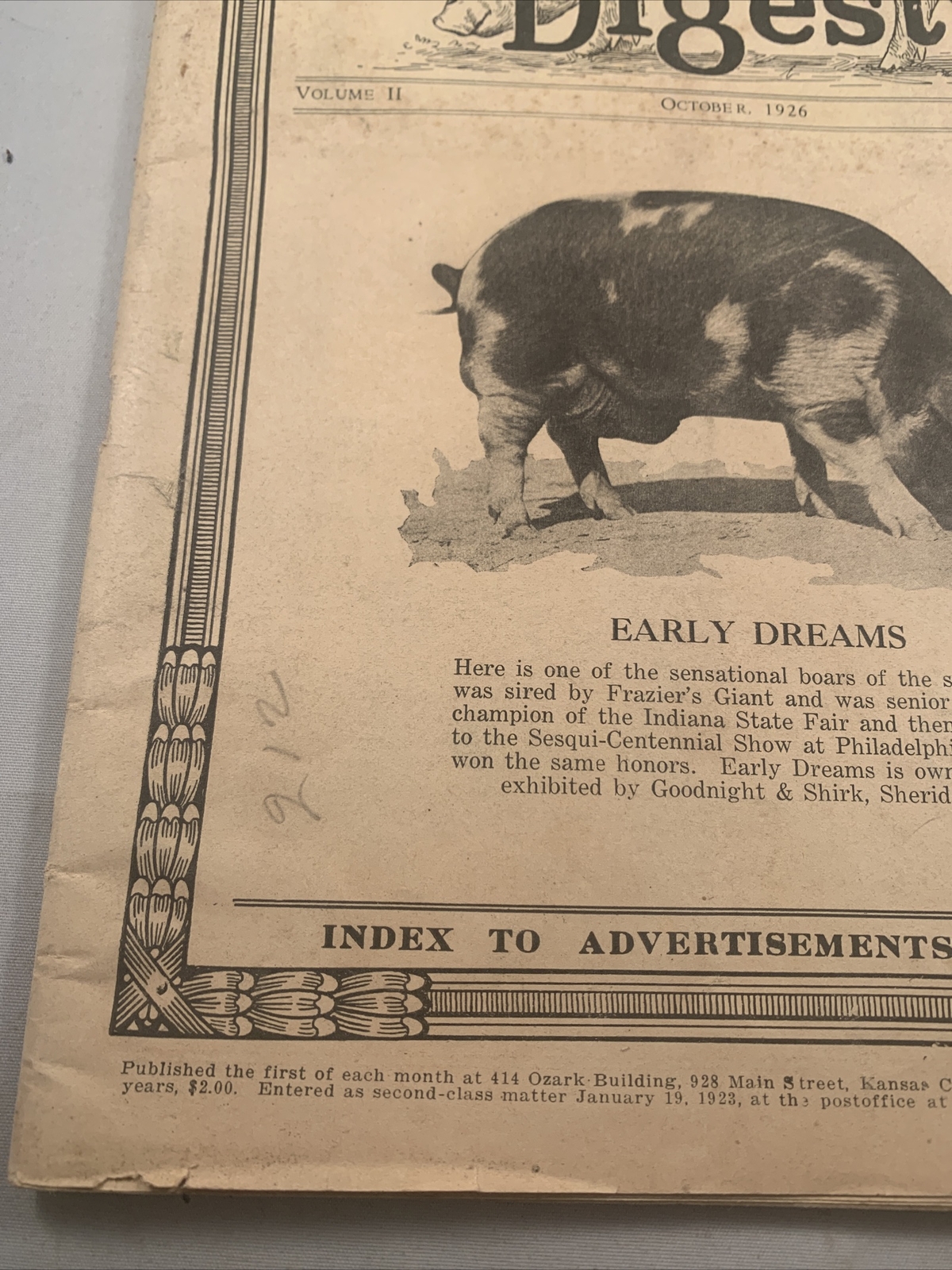 Spotted Poland China Pig Hog Digest October 1926 Missouri Kansas City Catalog