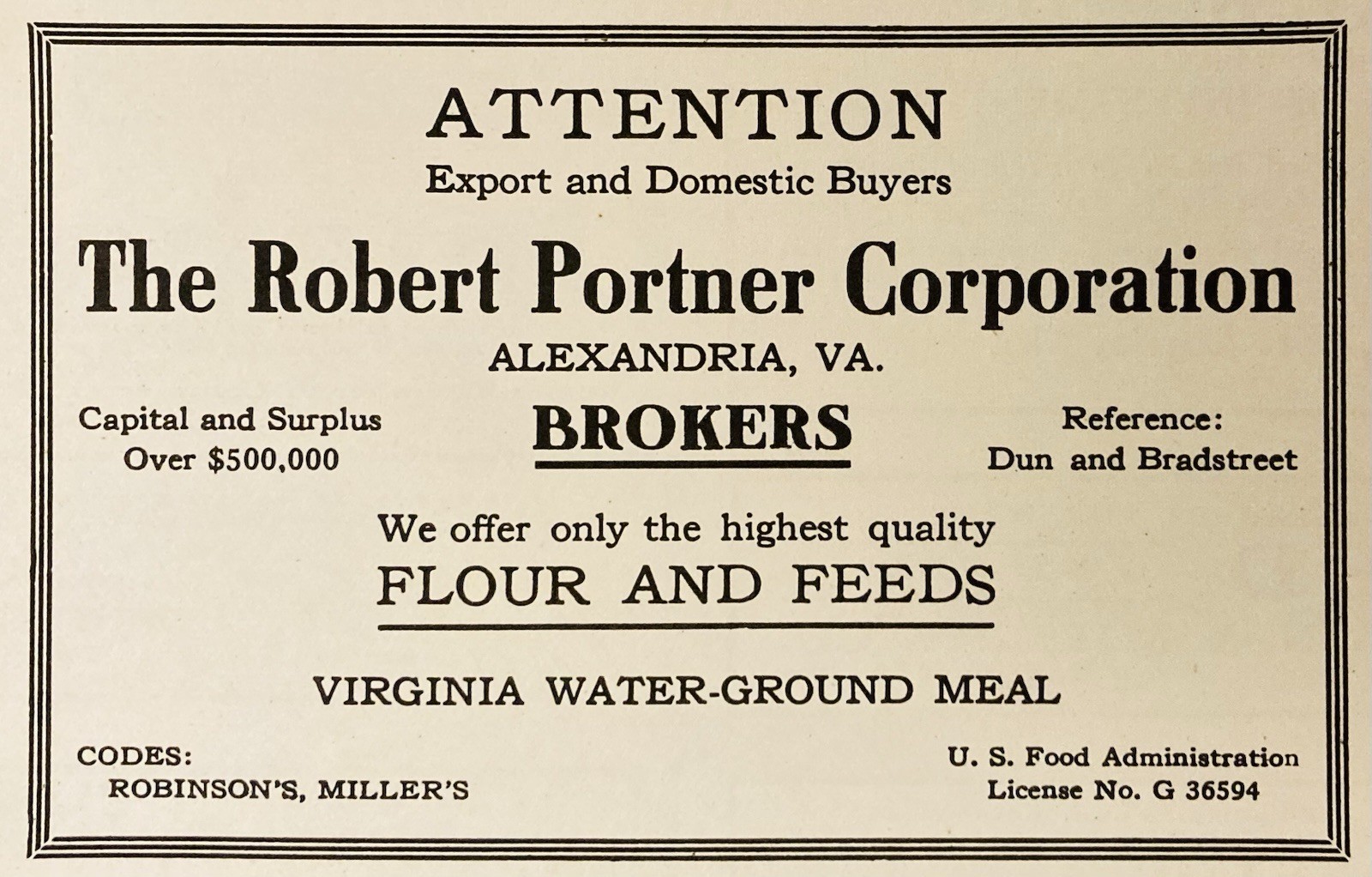 1919 AD.(PC9)~ROBERT PORTNER CO. ALEXANDRIA, VA. FLOUR AND FEED BROKERS