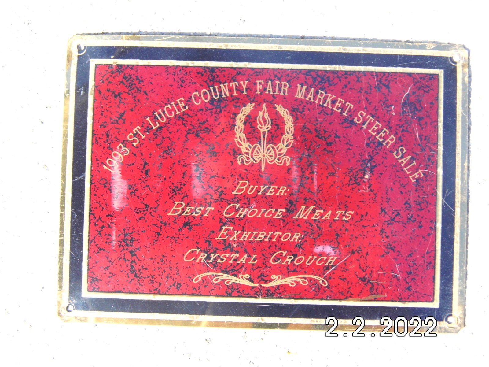 1993 St. Lucie County Fair Steer Exhibitor Plaque 7&Prime;x 5&Prime; Best Choice Meats