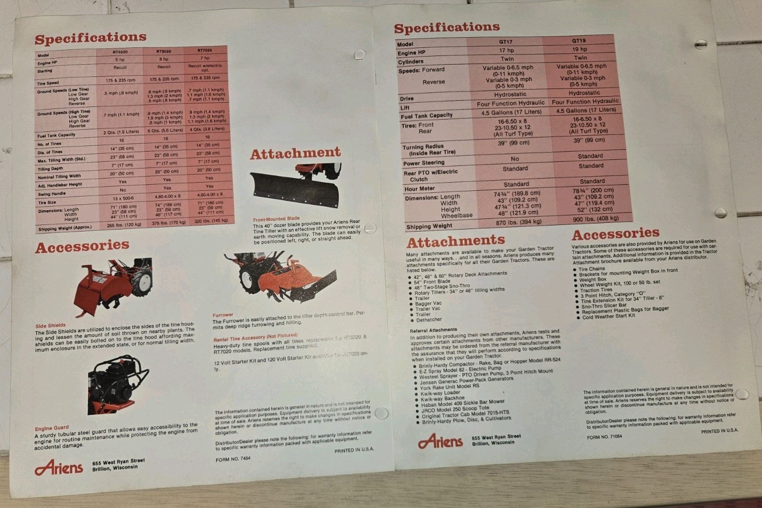8 VINTAGE ARIENS DEALERSHIP ADVERTISING BROCHURES TILLERS TRACTORS RIDERS PUSH