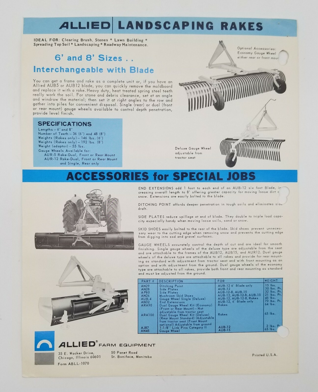 Vintage Allied Rear Blades & Rakes Chicago Sales & Dealer Advertising Brochure