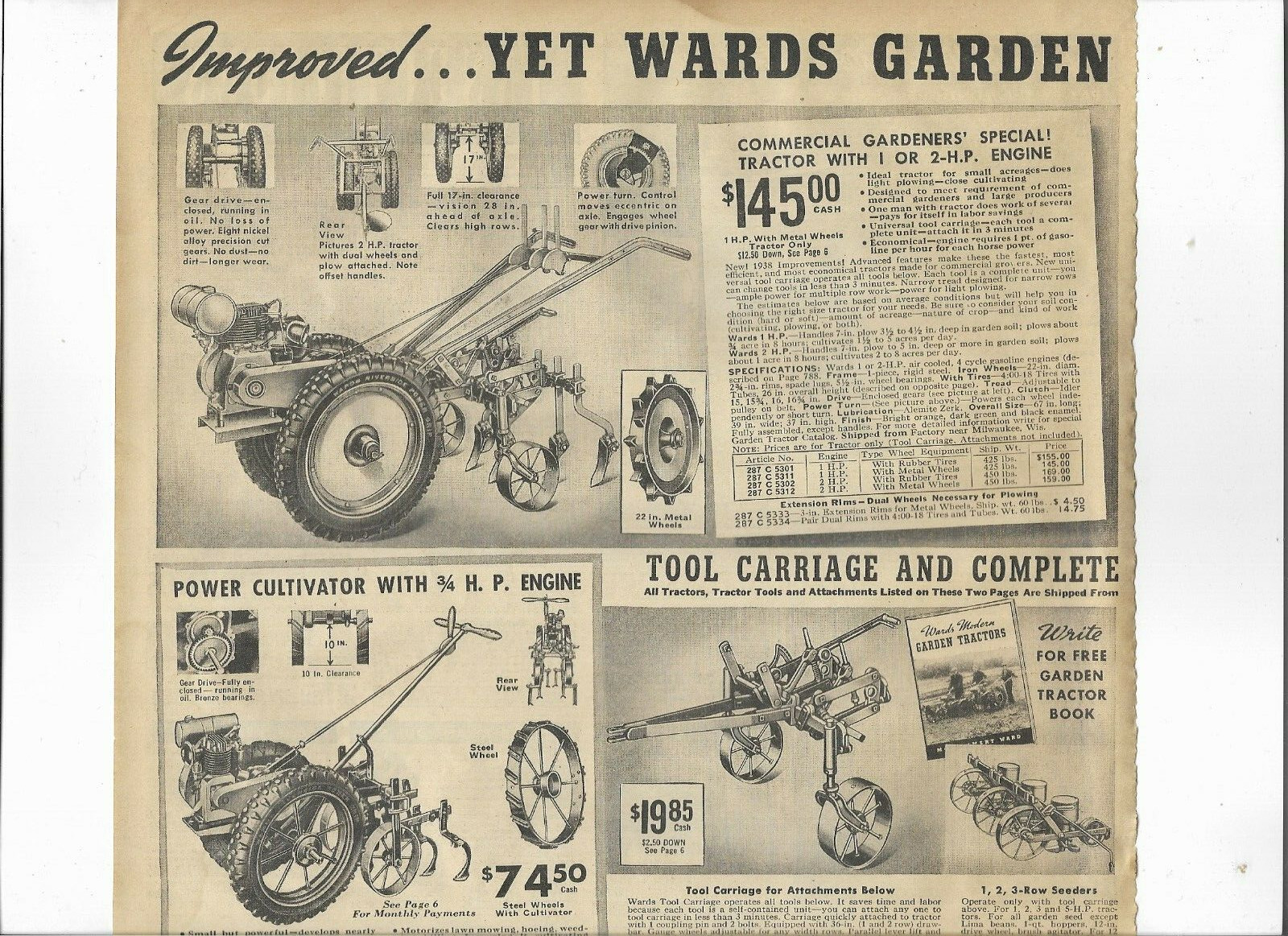 1938 Wards Catalog Ad Page Garden Tractor Cultivator Power Sprayer Tool Carriage