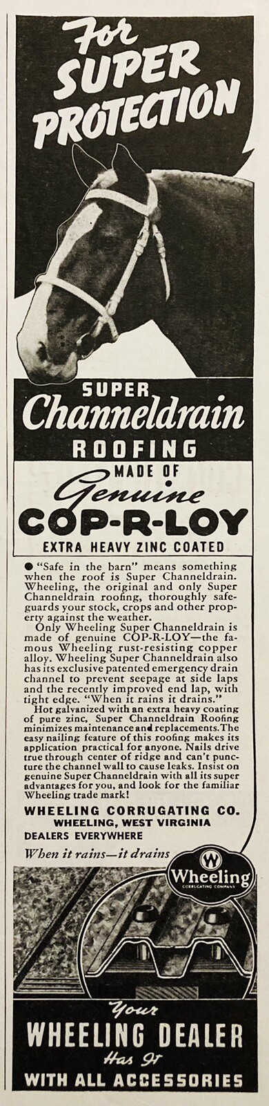 1938 AD.(XH70)~WHEELING CORRUGATING CO. WHEELING, W. VA. ZINE FENCING & ROOFING